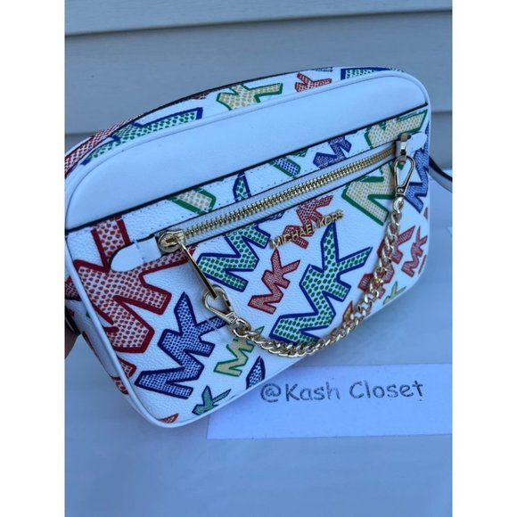 Michael Kors MK Jet Set Large Chain Logo Crossbody - Bright White - Picture 3 of 11